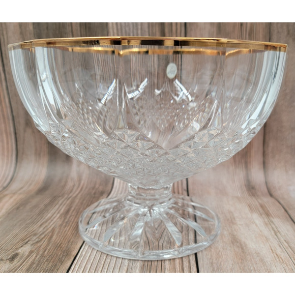 Cristal D'Arques France Footed Crystal Glass Bowl Gold Rim 8.25" Wide Diamond - Picture 9 of 12